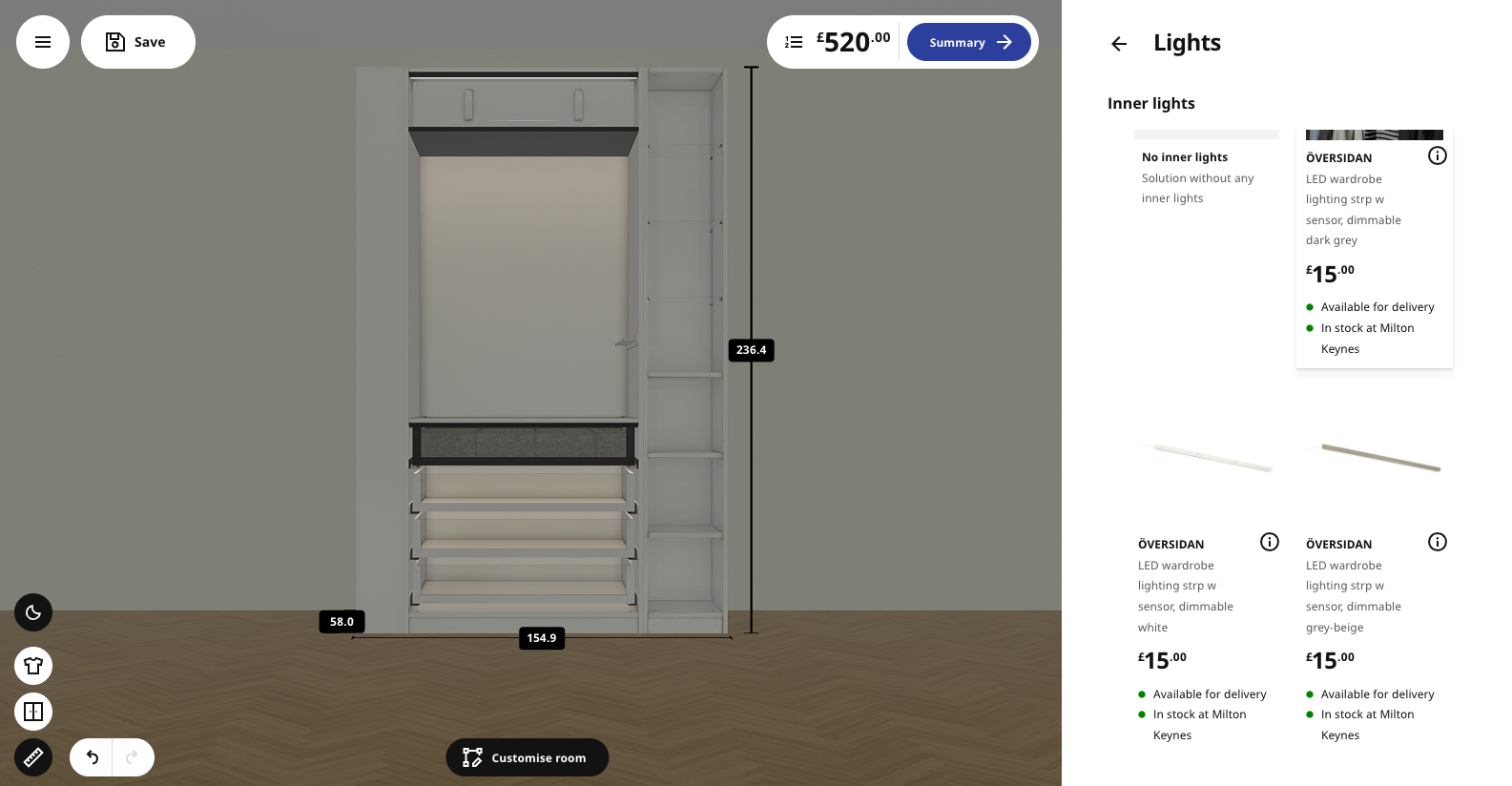 IKEA's PAX planner and design with lighting options shown