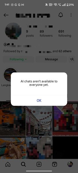 Screenshots of a strange glitch on Instagram, where users encounter an error message that says their contacts are an "AI chat."