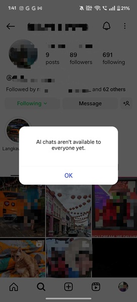 Screenshots of a strange glitch on Instagram, where users encounter an error message that says their contacts are an "AI chat."