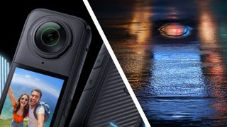 An Insta360 X4 360 camera next to a teaser showing a reflection of a new model