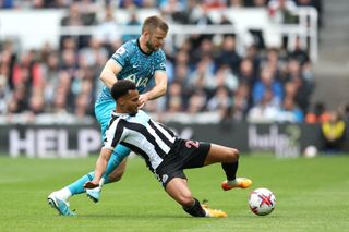 Jacob Murphy of Newcastle United is challenged by Eric Dier of Tottenham Hotspur during the Premier League match between Newcastle United and Tottenham Hotspur at St. James Park on April 23, 2023 in Newcastle upon Tyne, England.
