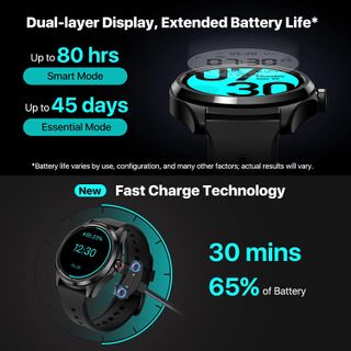 TicWatch Pro 5 promo images claiming up to 80 hours of battery life and 30 minute fast-charging for 65% of battery life from an Amazon listing