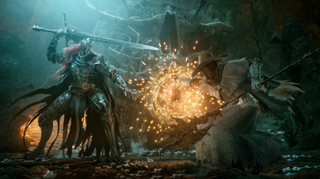 Spelaren slåss mot en riddare i Lords of the Fallen.