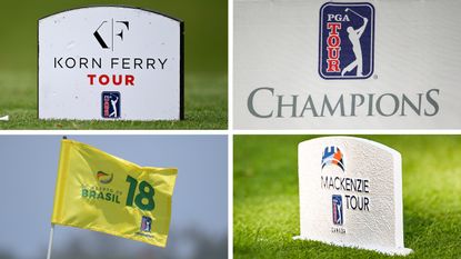 Four different logos and flags from tours run by the PGA Tour in a montage