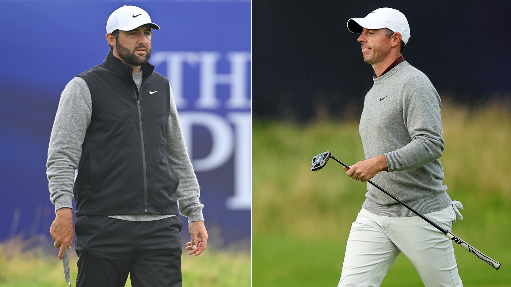 Scottie Scheffler and Rory McIlroy walk down the fairway 
