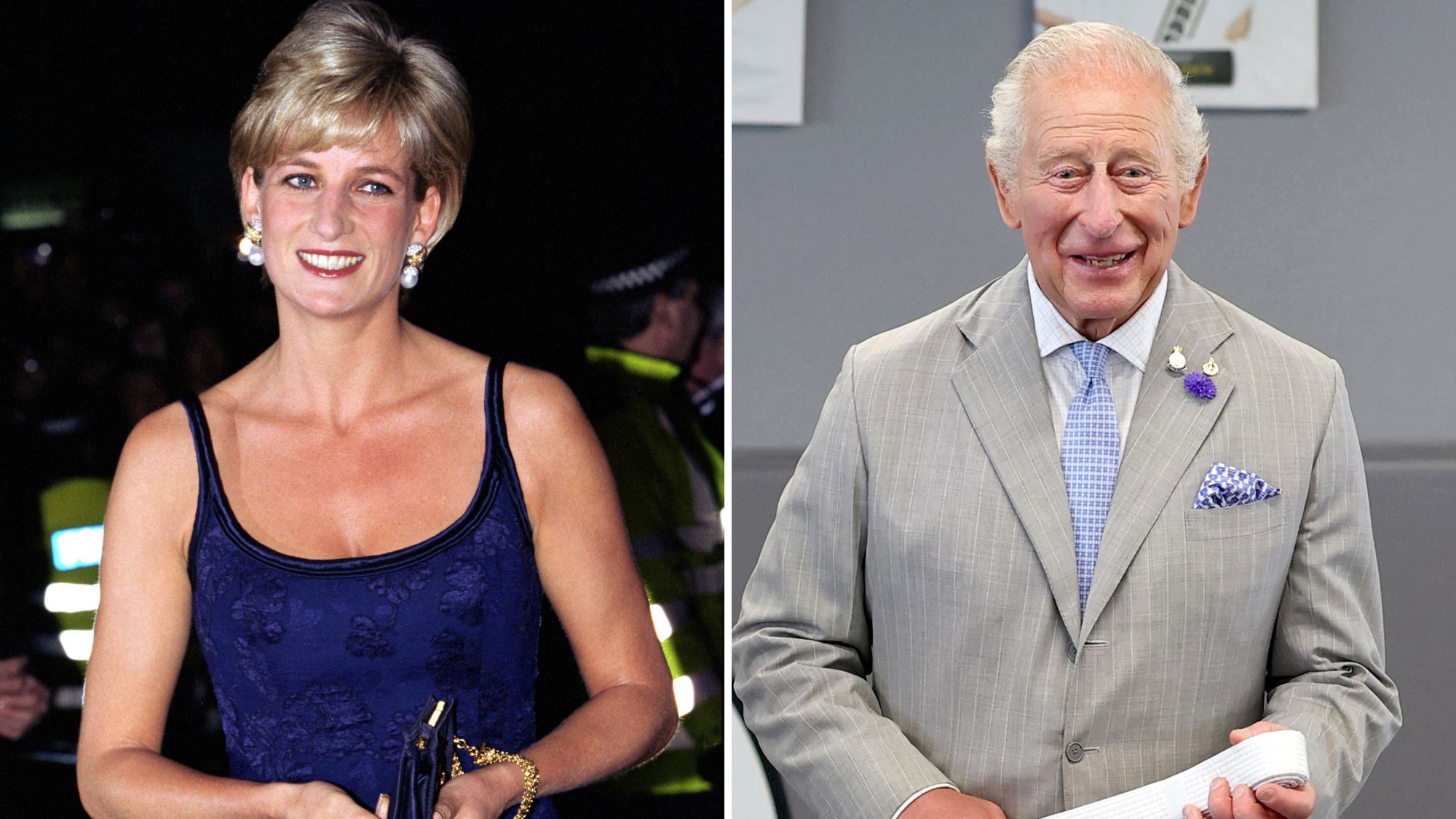 A composite of a picture of Princess Diana and a picture of King Charles in 2026