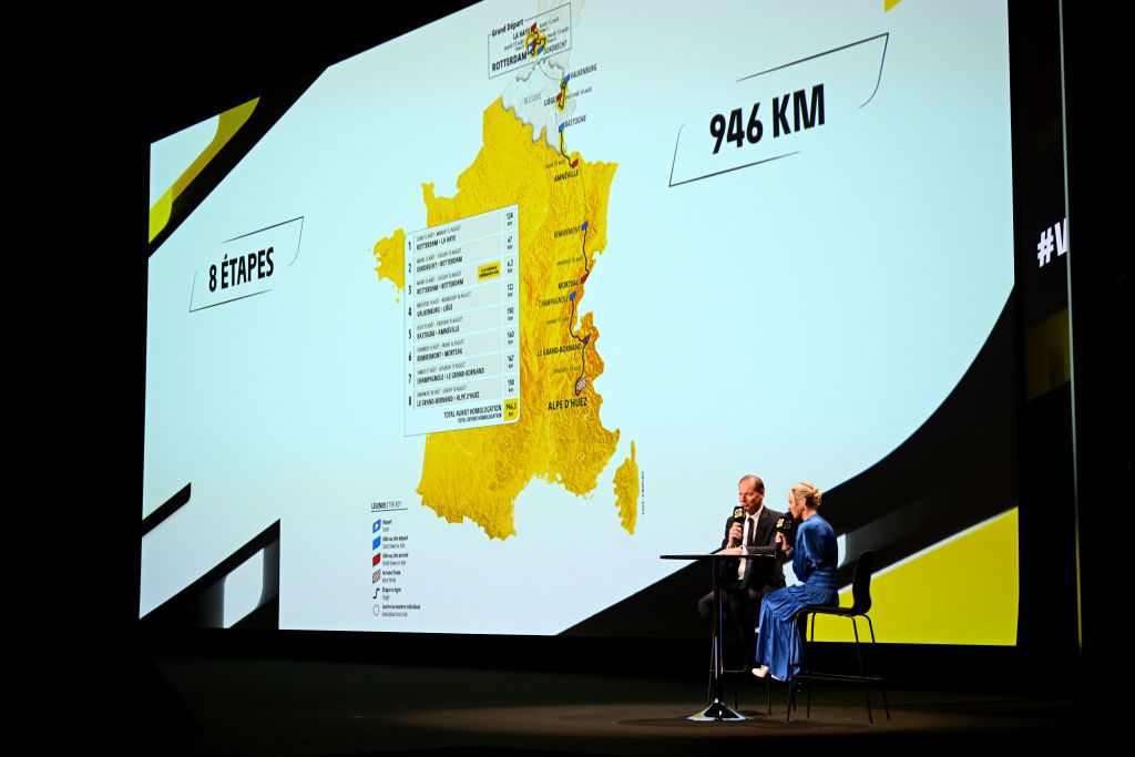 PARIS FRANCE OCTOBER 25 LR Christian Prudhomme of France Director of Le Tour de France and Marion Rousse of France director of the Tour de France Femmes present the official route during the 111th Tour de France 2024 3rd Tour de France Femmes 2024 Route Presentation UCIWT UCIWWT on October 25 2023 in Paris France Photo by Dario BelingheriGetty Images