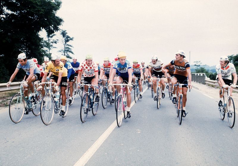 Felice Gimondi, Bernard Th&eacute;venet, Lucien Van Impe, Joop Zoetelmelk ad Eddy Merckx at the 1975 Tour de France