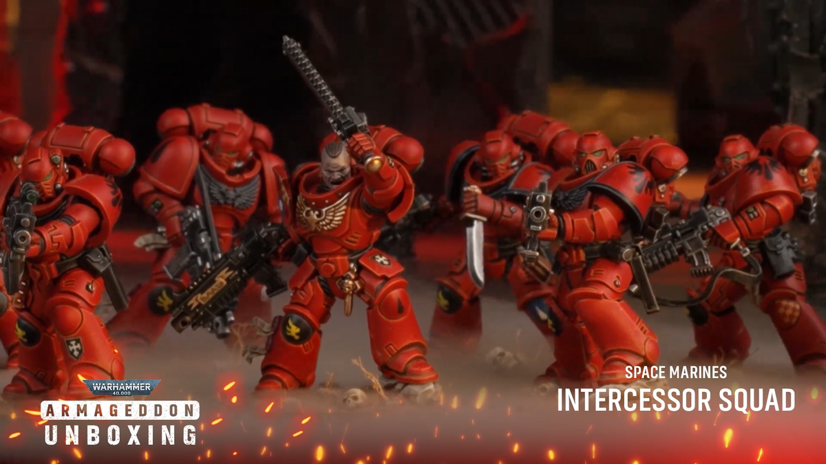 Warhammer 40K Intercessor Squad in a row on a fiery battlefield