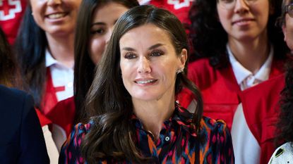 Queen Letizia of Spain’s patterned midi dress as she attends an event in honor of World Red Cross and Red Crescent Day