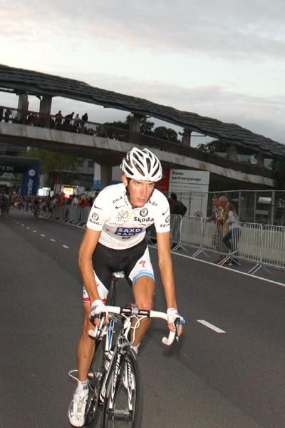 Andy Schleck rides into the evening on his way to the win.
