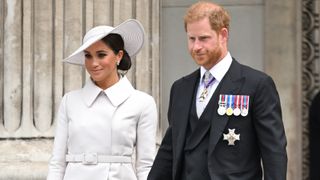 Meghan, Duchess of Sussex and Prince Harry, Duke of Sussex attend the National Service of Thanksgiving at St Paul's Cathedral on June 03, 2022 in London, England.