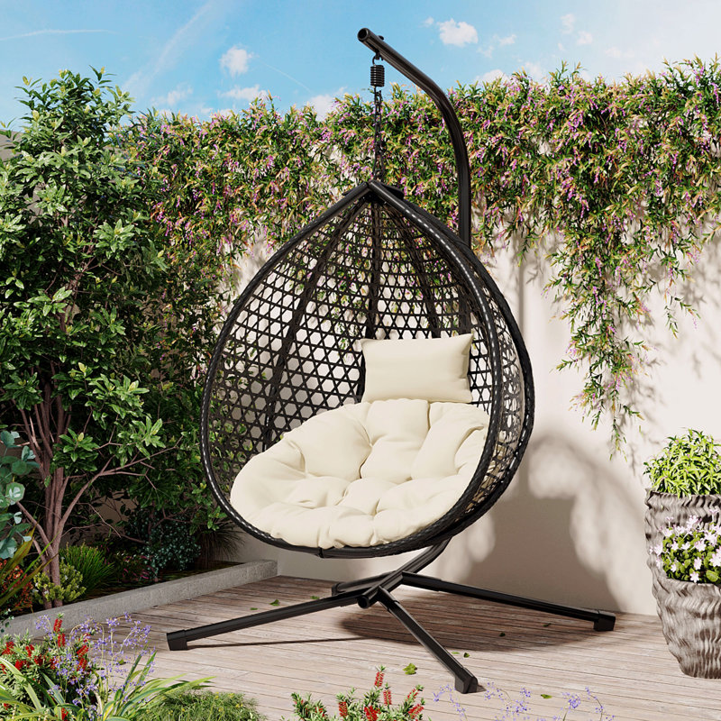 Dakota Fields Indoor and Outdoor Swing Chair, Sturdy Hammock With Stand, Durable Hanging Egg Chair With Rattan Weaving and Soft Removable Cushion | Wayfair