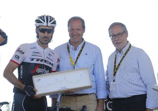 Fabian Cancellara (Trek-Segafredo) presented with special trophy for finishing final Tour de France stage of career