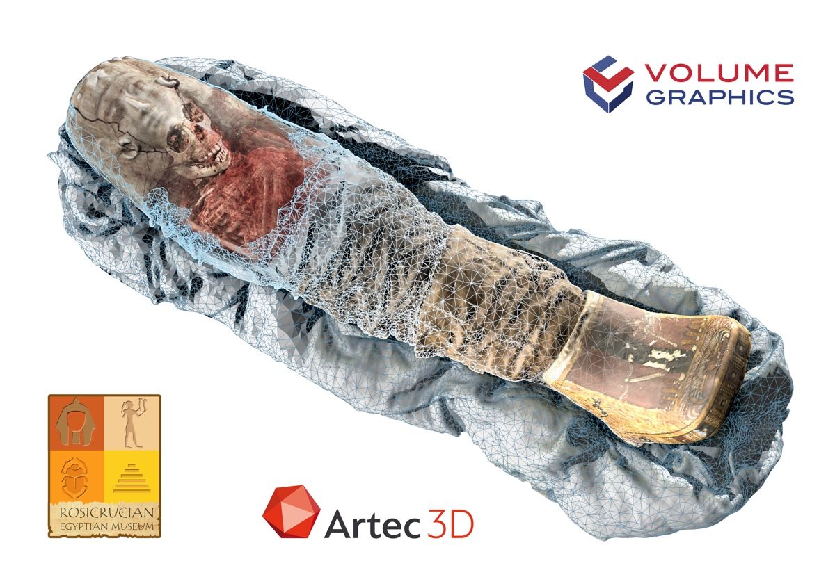 The CT scans were merged with 3D scans of the child mummy&#039;s surface to create a single 3D model. 