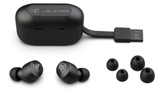 JLab Go Pop Air wireless earbuds pictured with USB charging case