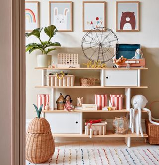 Wooden open and closed storage unit underneath artwork