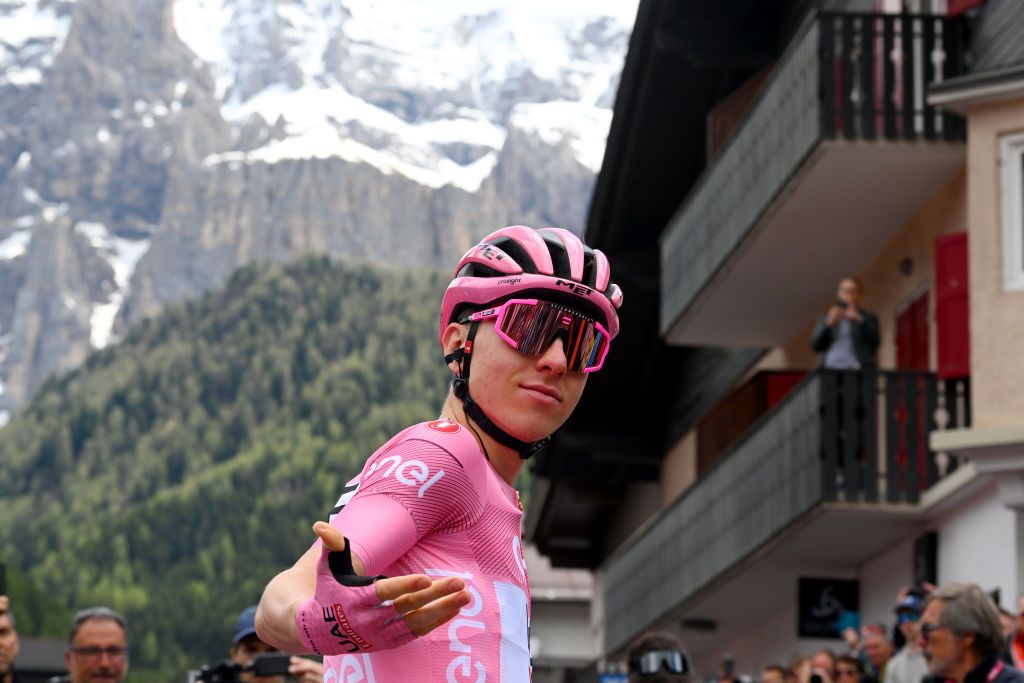 SELVA DI VAL GARDENA ITALY MAY 22 Tadej Pogacar of Slovenia and UAE Team Emirates Pink Leader Jersey prior to the 107th Giro dItalia 2024 Stage 17 a 159km stage from Selva di Val Gardena to Passo Brocon 1604m UCIWT on May 22 2024 in Selva di Val Gardena Italy Photo by Dario BelingheriGetty Images