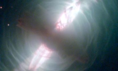 The hot remains of a dying star heat up at its center, exiting the last of its nuclear fuel, making it glow gloriously. 