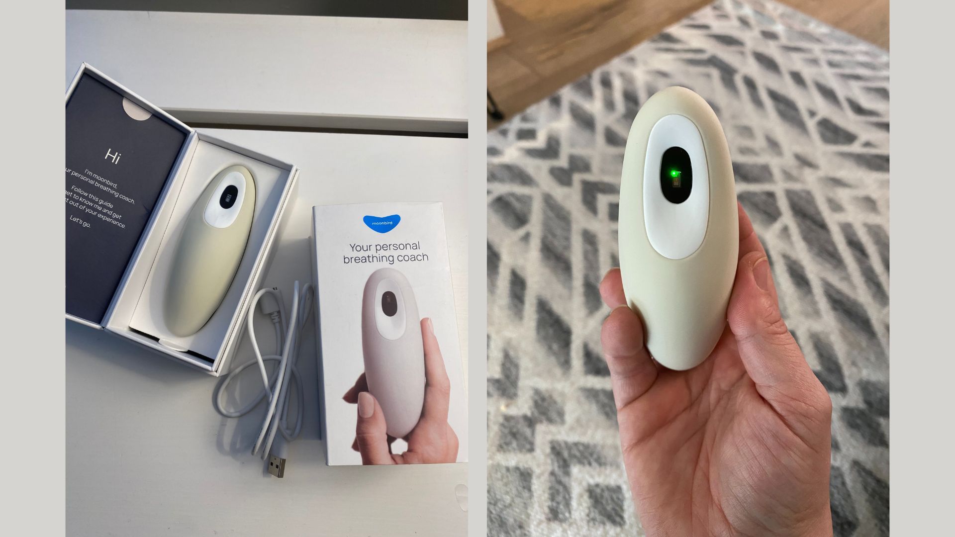 Jennifer Kyte holding the Moonbird device for breathing exercises for stress relief and Moonbird device in box