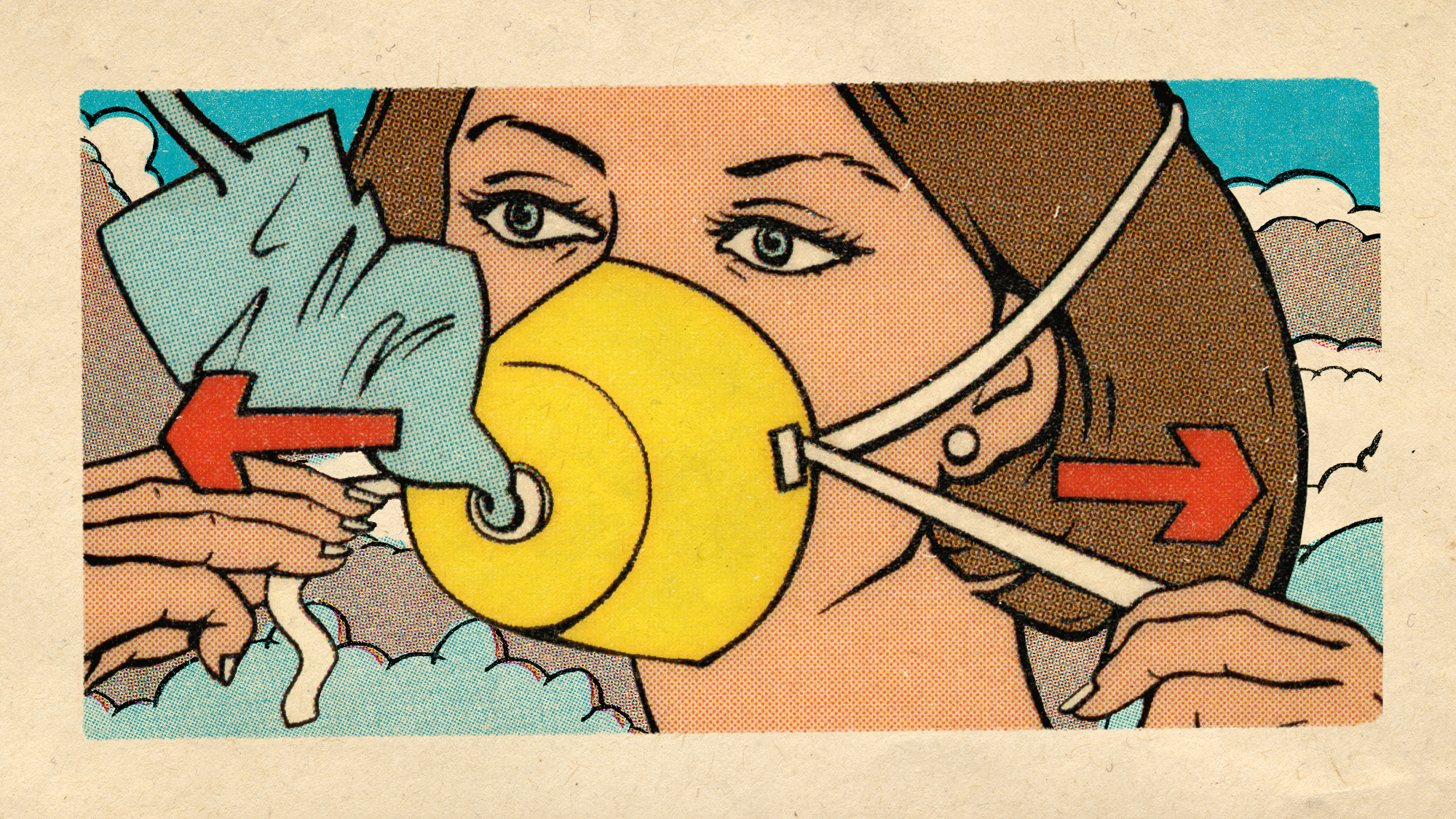 Illustrative collage of a vintage style airplane safety illustration showing a woman putting on an oxygen mask, with grey fumes in the background