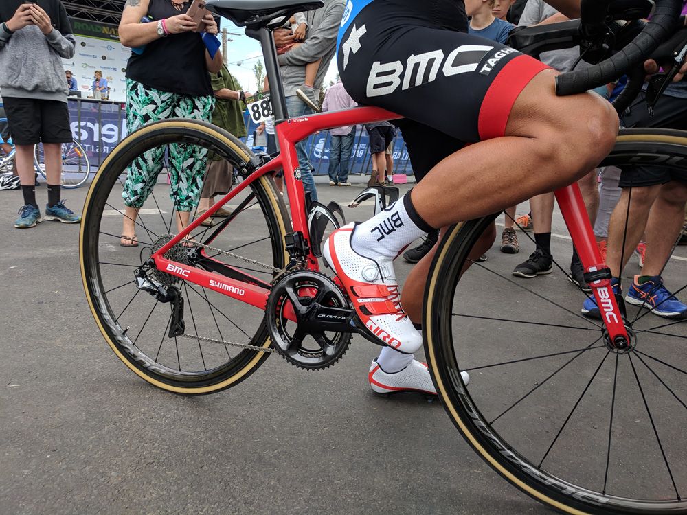 Richie Porte (BMC) has some red and white Giro shoes