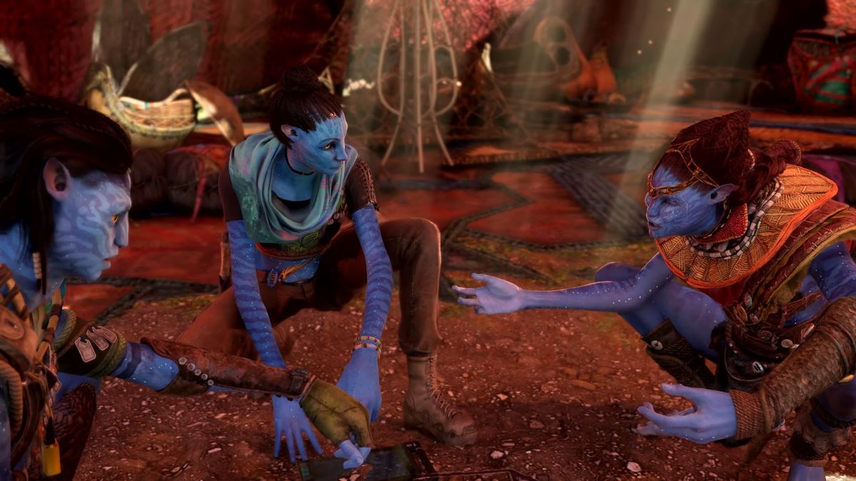 Na'vi crouched and discussing