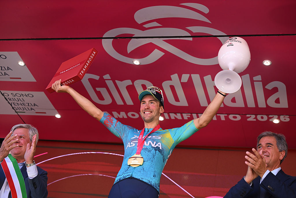 VERBANIA, ITALY - MAY 22: Alberto Bettiol of Italy and Team XDS Astana celebrates at podium as stage winner during the 109th Giro d&amp;amp;apos;Italia 2026, Stage 13 a 189km stage from Alessandria to Verbania / #UCIWT / on May 22, 2026 in Verbania, Italy. (Photo by Dario Belingheri/Getty Images)