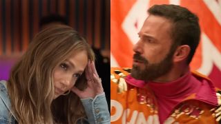 Ben Affleck in orange jumpsuit rapping in Dunkin ad while JLo looks on, embarrassed.
