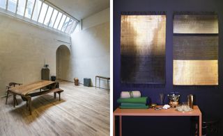 Left, natural light filling the new space. Right, an installation of cashmere works by Oyuna