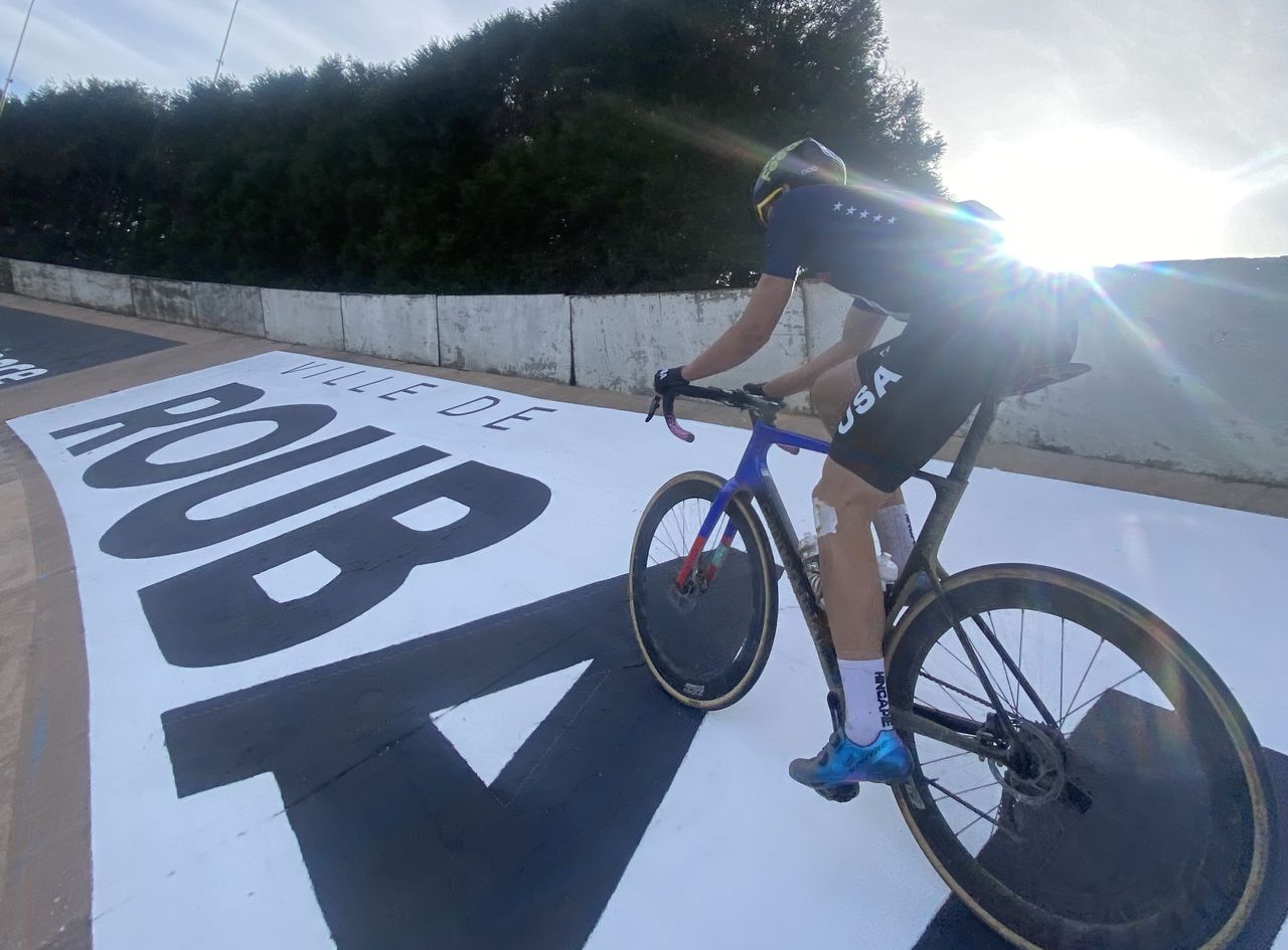 Ashlin Barry takes a turn on Roubaix velodrome as part of Team USA's junior programme recon