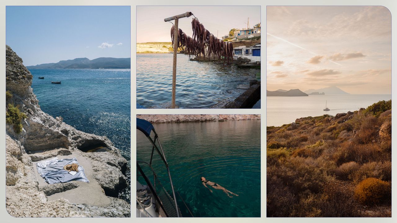 A collage of images featuring landscapes in Milos, Greece.