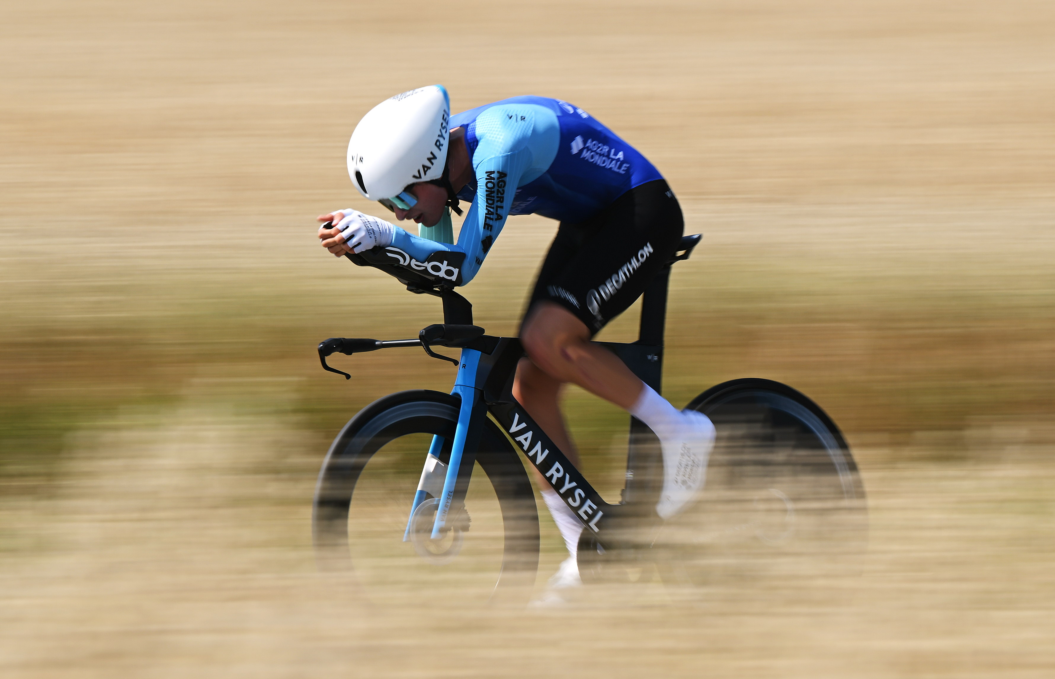 SAINT-PERAY, FRANCE - JUNE 10: Paul Seixas of France and Team Decathlon AG2R La Mondiale competes during the 77th Criterium du Dauphine 2025, Stage 4 a 17.4km individual time trial stage from Charmes-sur-Rhone to Saint-Peray / #UCIWT / on June 10, 2025 in Saint-Peray, France. (Photo by Dario Belingheri/Getty Images)