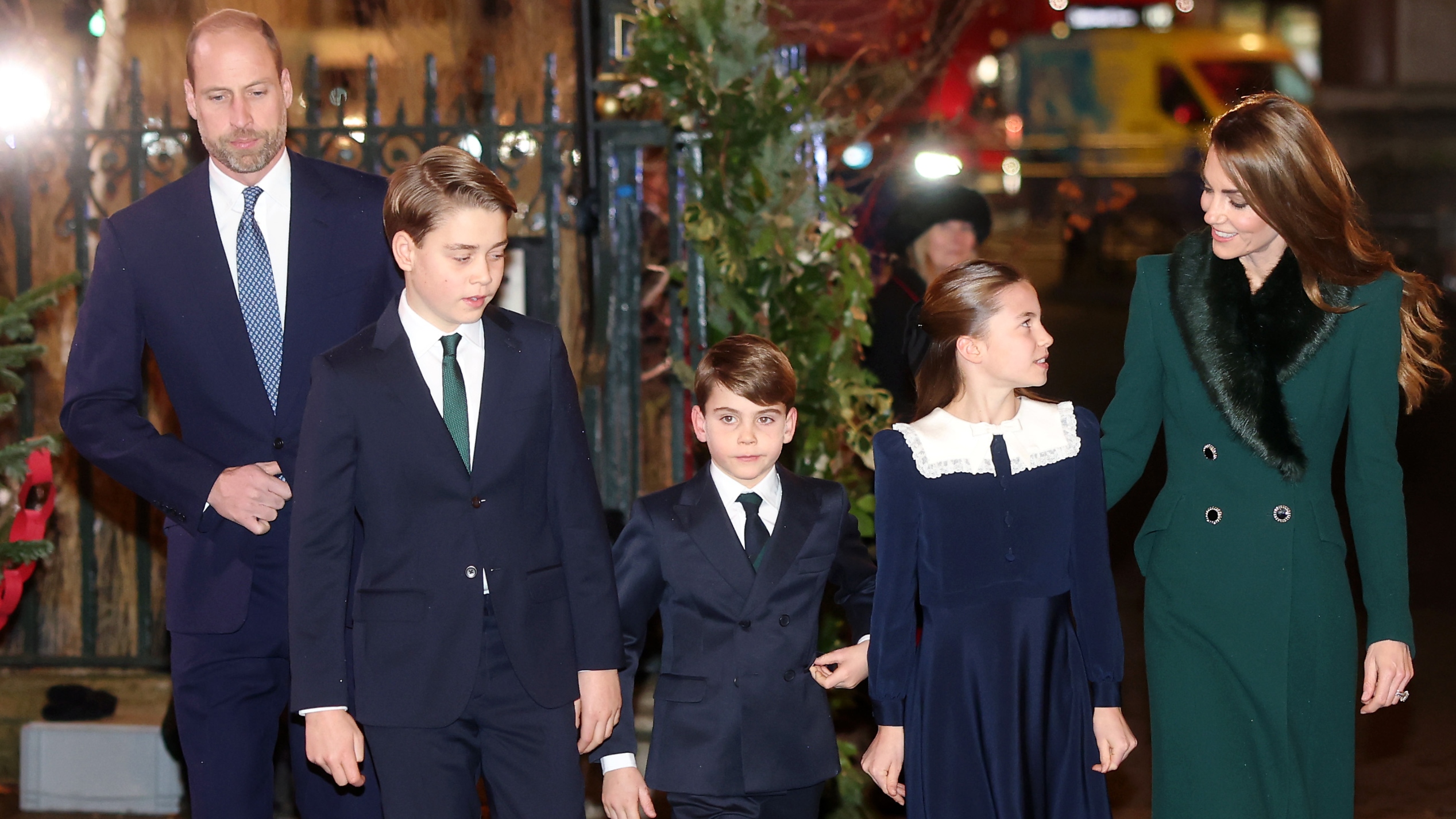 Prince William, Prince George, Prince Louis of Wales, Princess Charlotte and Catherine, Princess of Wales attend the 'Together At Christmas' Carol Service at Westminster Abbey on December 05, 2025