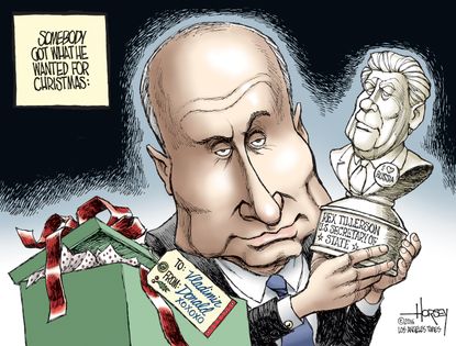Political cartoon U.S. Christmas Donald Trump cabinet picks Vladimir Putin