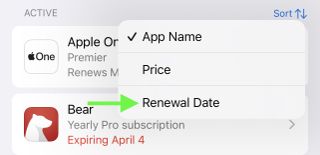 An arrow points to the Renewal Date button, which we suggest you tap in the fifth step of canceling a subscription on an iPhone