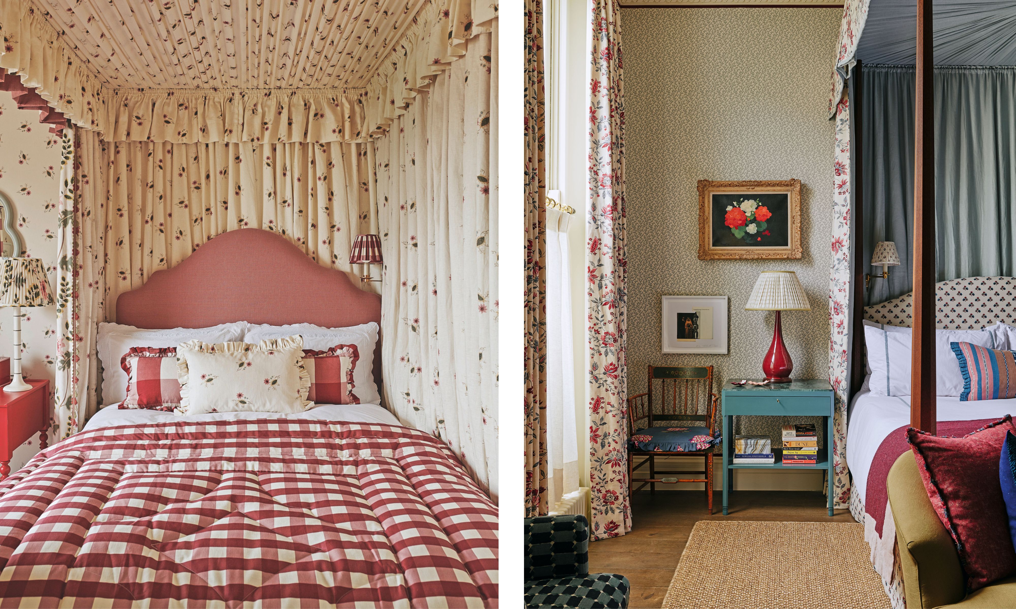 (Left) A dramatic four-poster bed with gathered floral fabric draping and a red-and-white checkered quilt. (Right) A bedroom corner showing a teal nightstand, a red lamp, and a glimpse of a grey canopy bed.