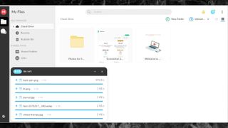 MEGA's user interface, depicting file uploads and downloads in progress