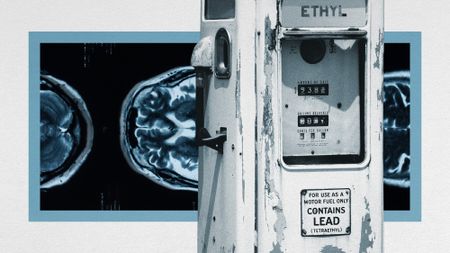 Photo collage of an old gas station pump with a plaque reading, "contains lead". 