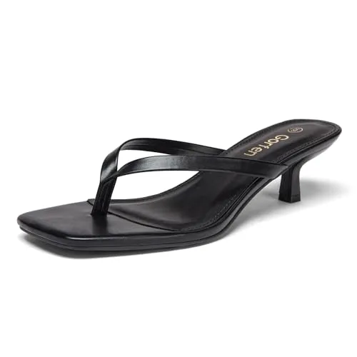 Gorfen Women's Kitten Heel Flip Flop Sandals Square Toe Cushioned Thong Heeled Sandals Black Size 9