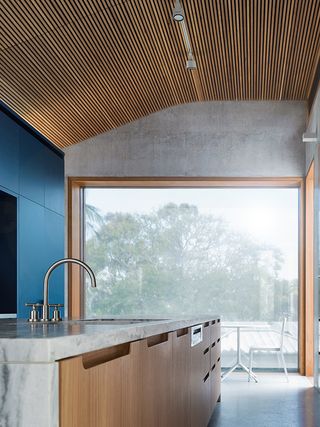 Treetops House kitchen with timber curved ceiling