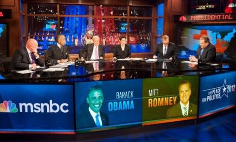 The MSNBC team, including Chris Matthews and Rachel Maddow, on Election Night. Their hosting panel included just one conservative: moderate Republican Steve Schmidt.