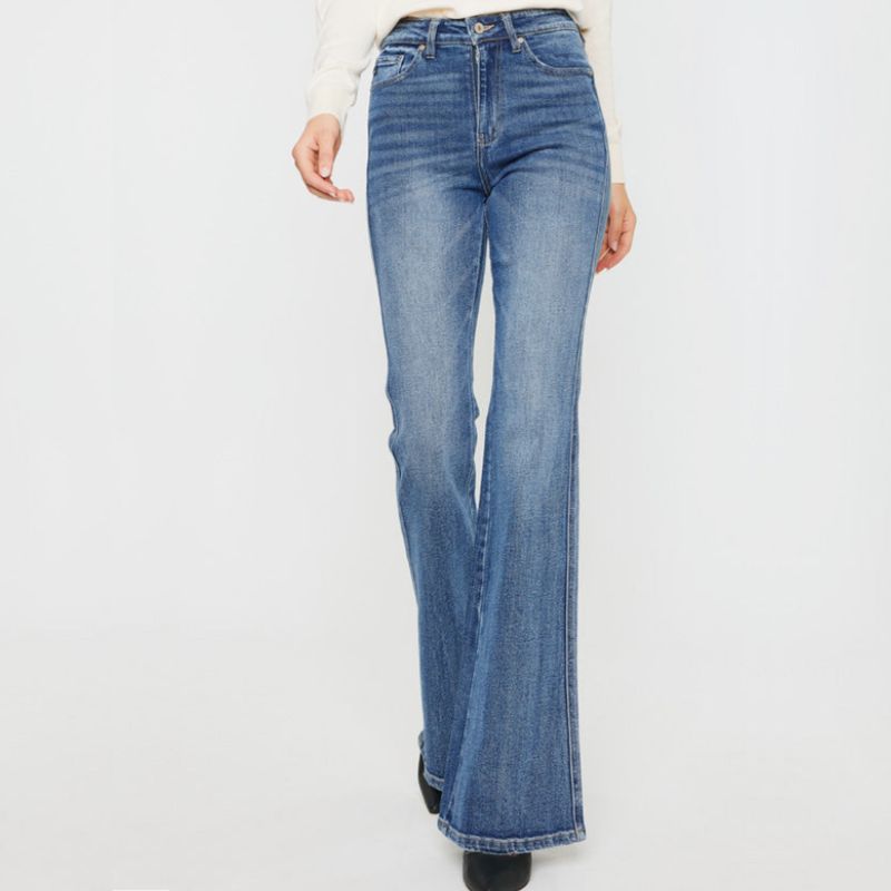 blue denim high-rise waist flared jeans