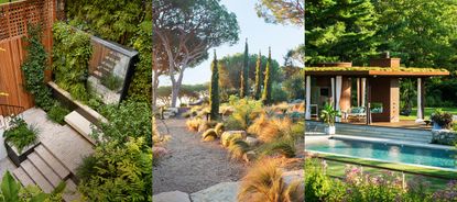 Three examples of garden trends 2023. Small garden with striking vertical design, plant wall, mirror door, steps. Natural landscape with bolder steps, grasses. Luxury garden with swimming pool, indoor-outdoor decking space, outside seating.