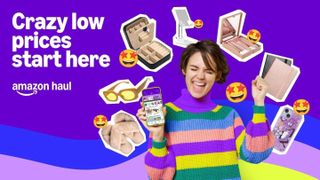 Purple background with white writing that says Crazy low prices start here with a woman surrounded by products including glasses, a phone case and slippers
