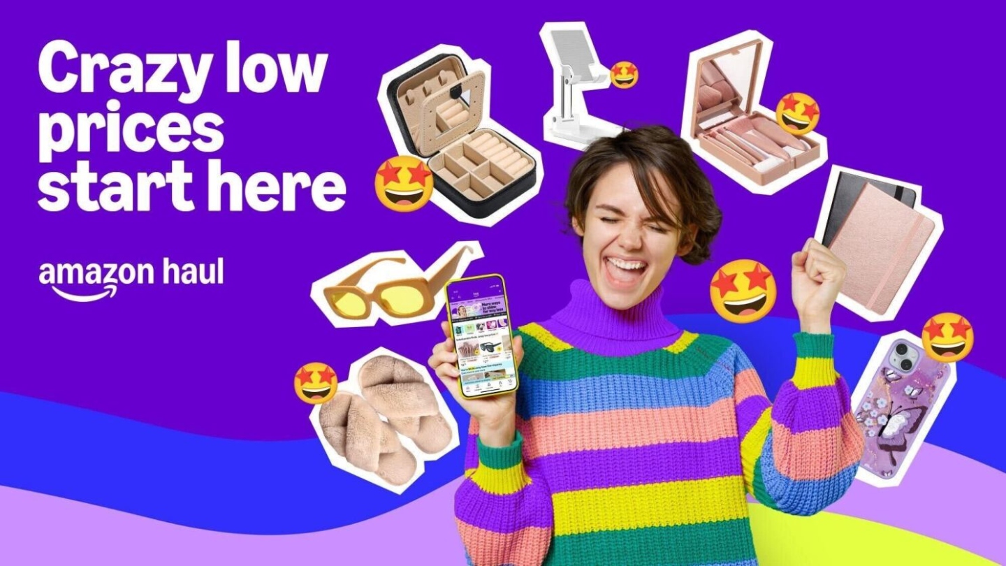 Purple background with white writing that says Crazy low prices start here with a woman surrounded by products including glasses, a phone case and slippers