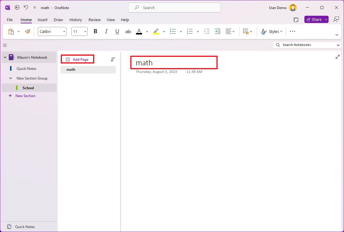 OneNote создать новую страницу