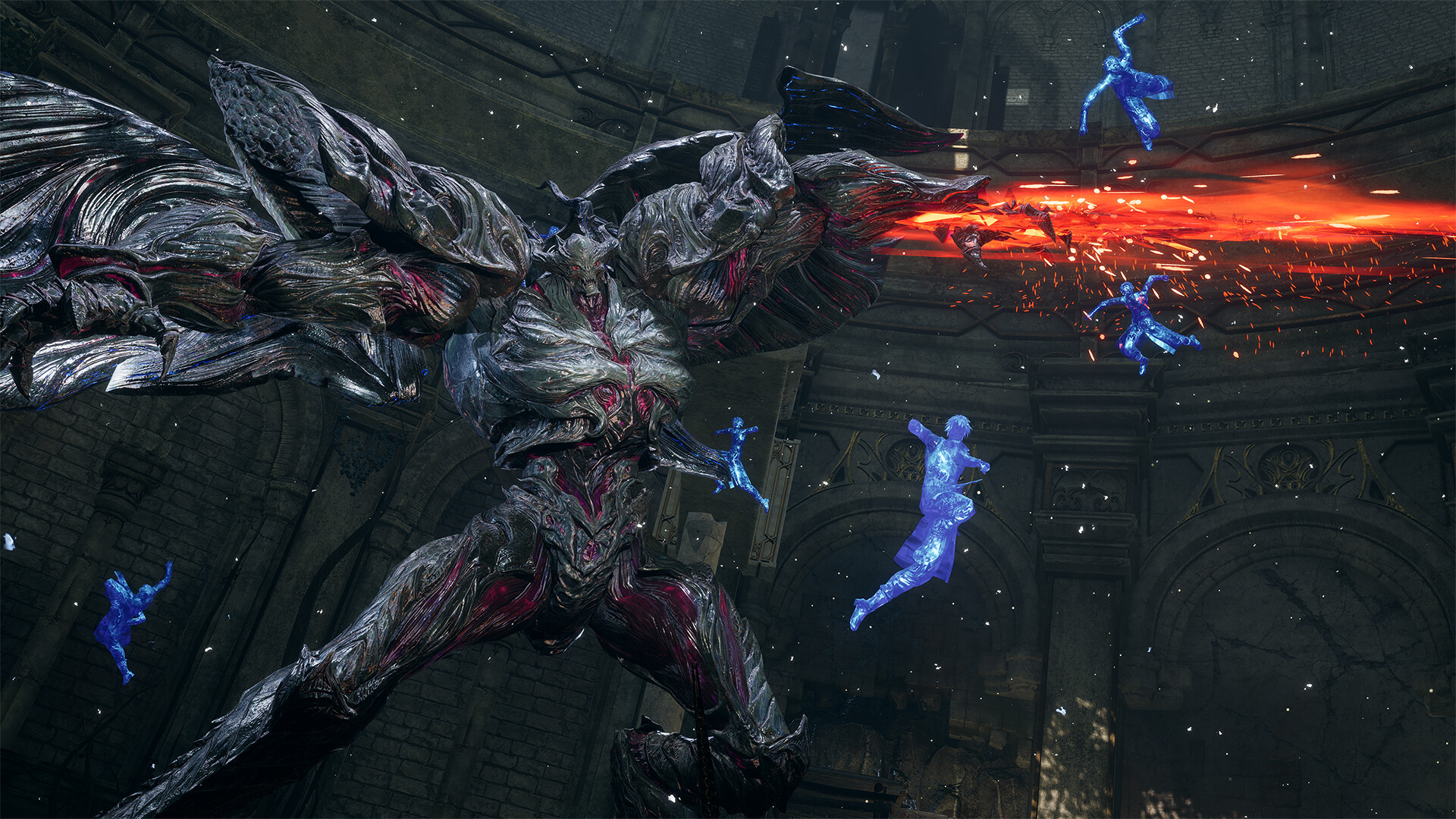 Kaser performs an aerial sword combo in Lost Soul Aside against a hulking giant enemy that has him leave after image strikes all around it