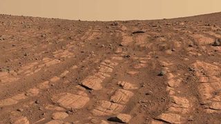 view of mars captured by the perseverance rover showing bands of light-colored rock in the reddish dirt