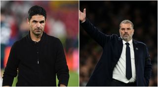 Arsenal manager Mikel Arteta ad Ange Postecoglou, Manager of Tottenham Hotspur reacts during the Premier League match between Tottenham Hotspur and Fulham FC at Tottenham Hotspur Stadium on October 23, 2023 in London, England. (Photo by Justin Setterfield/Getty Images)